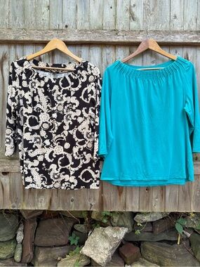 Talbots Set of 2 Pima Cotton Boatneck Boatneck Tops Elevated Basic Teal Black